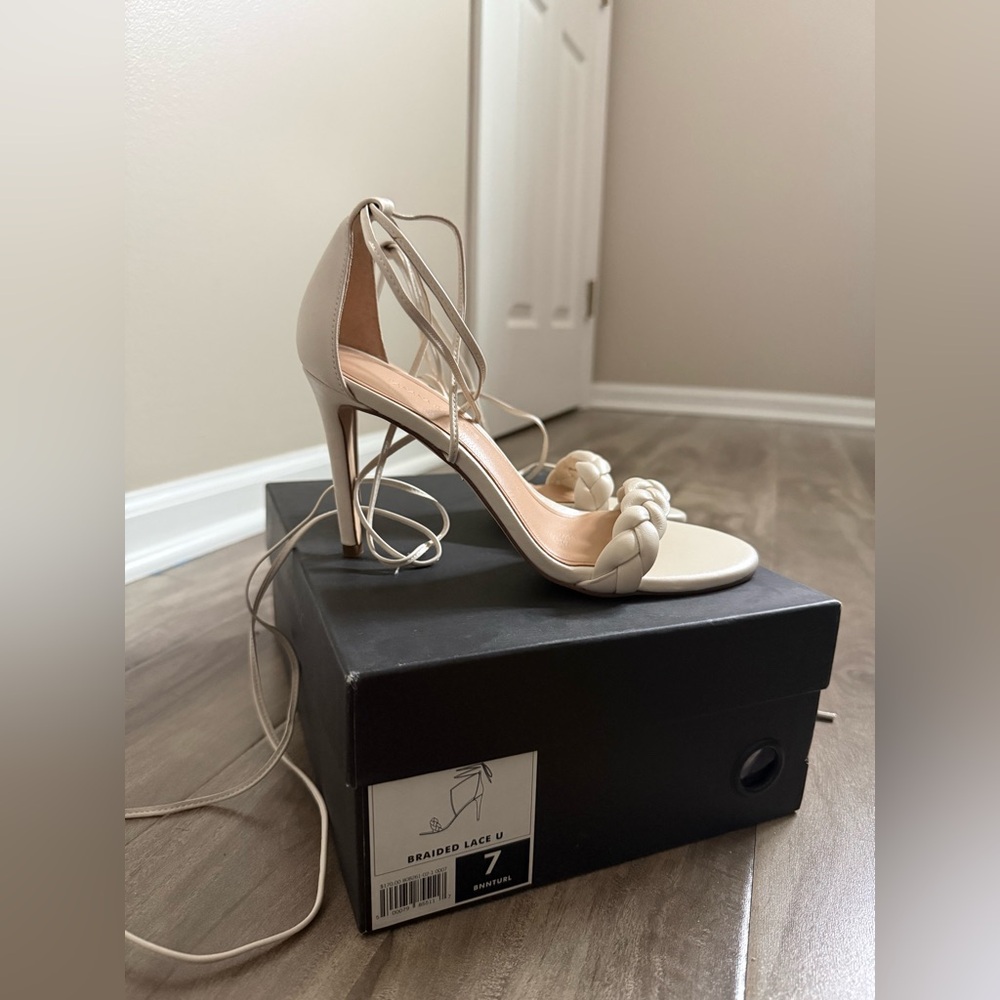 Leather Cream Braided Lace-Up Heels in US7